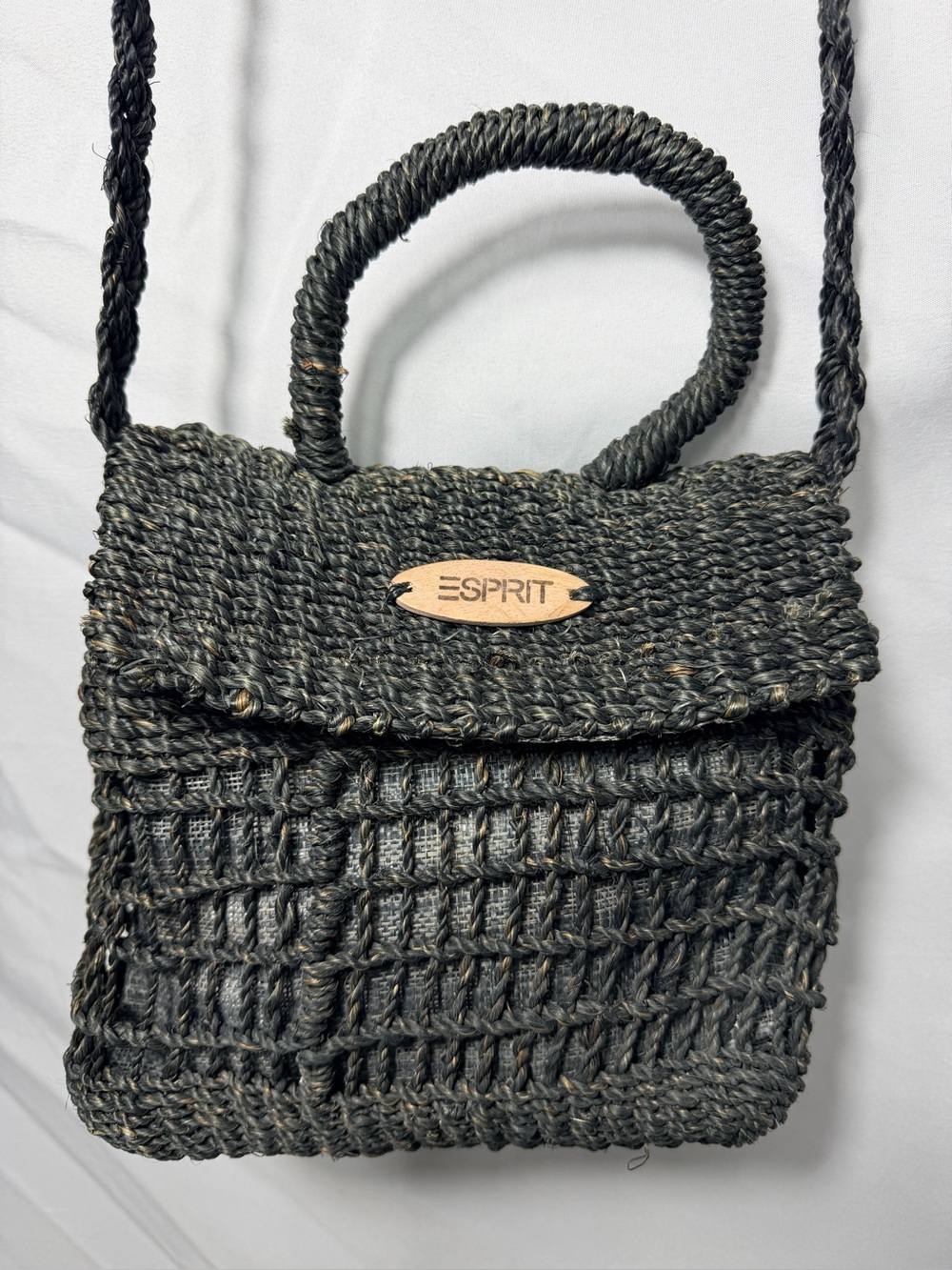 Vintage Esprit black woven straw and jute mini top-handle shoulder bag Y2K